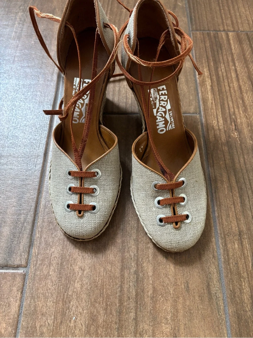 Salvatore Ferragamo Jute Fabric and Leather Espadrille Wedge Pumps Size 8